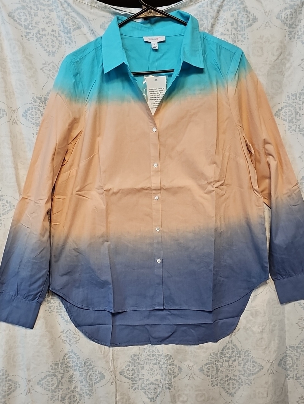 Skinnygirl Dip-Dye Button Down Shirt - Aqua, Peach & Blue